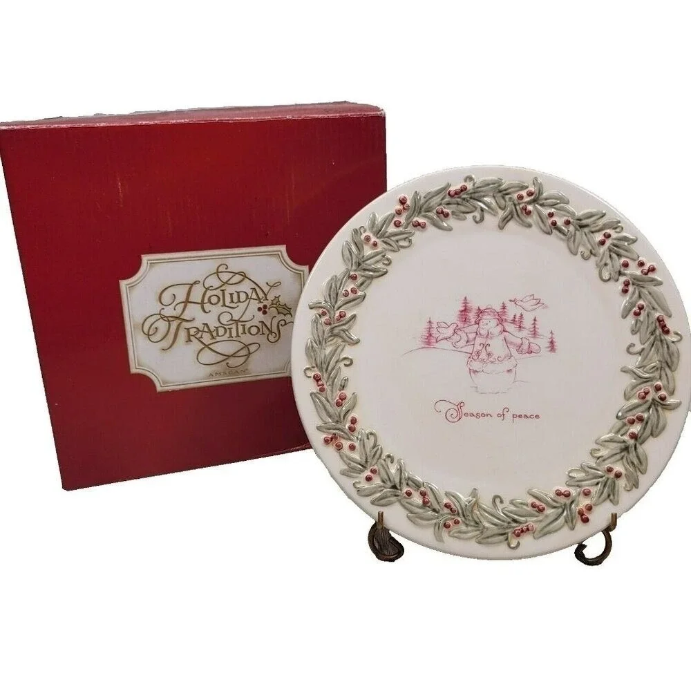 Holiday Traditions Amscan Christmas Ceramic Plate Cream Snowman Season of‎ Peace